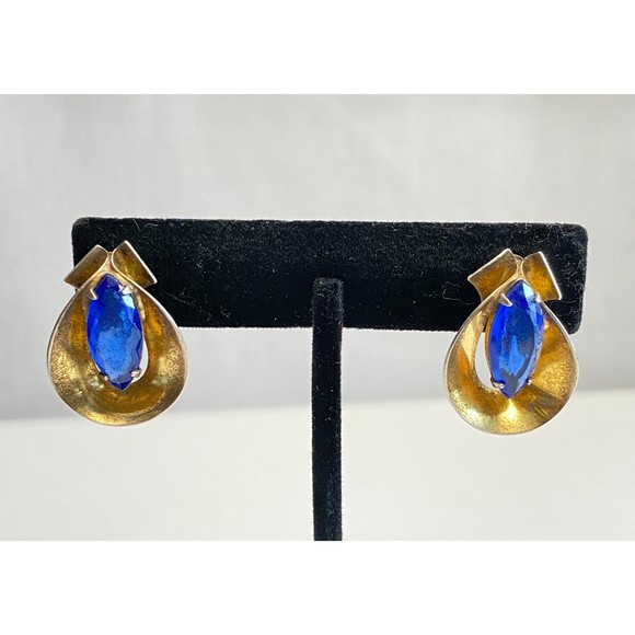 Sterling Silver Earrings Central Clear Blue Faceted Marquise Stone - Picture 2 of 11